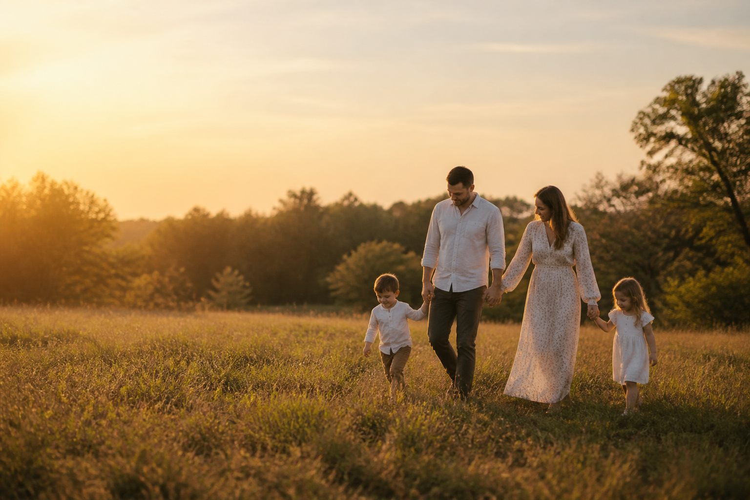Family walking together in warm golden-hour light.