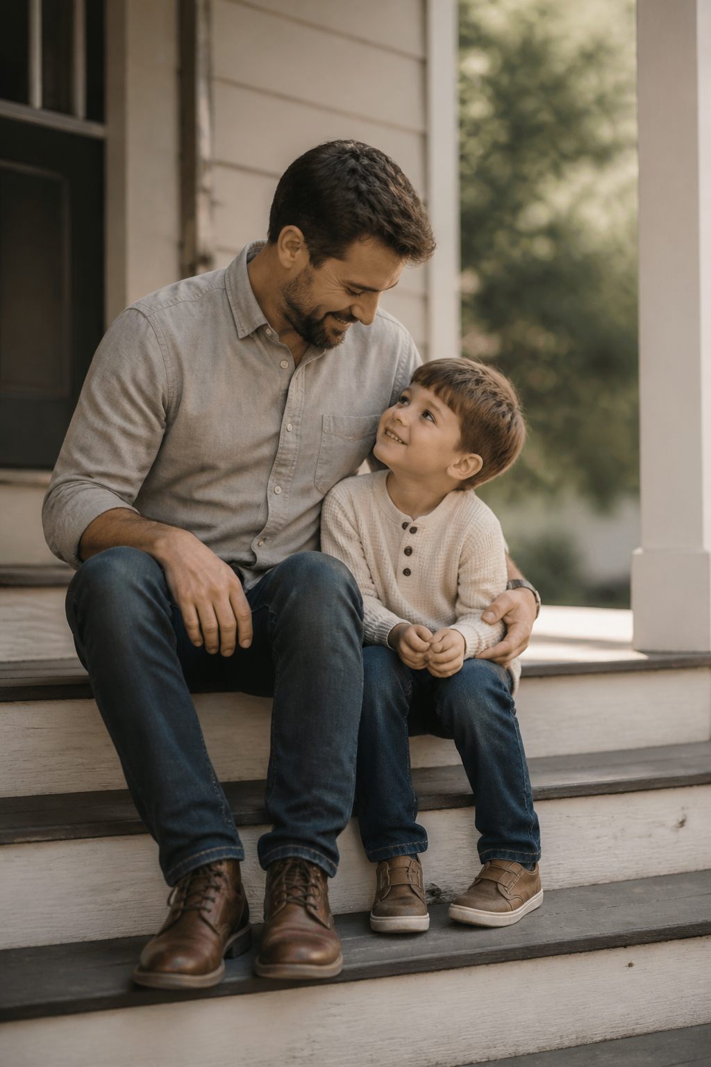 Parent and child sharing a quiet moment during an outdoor portrait session.