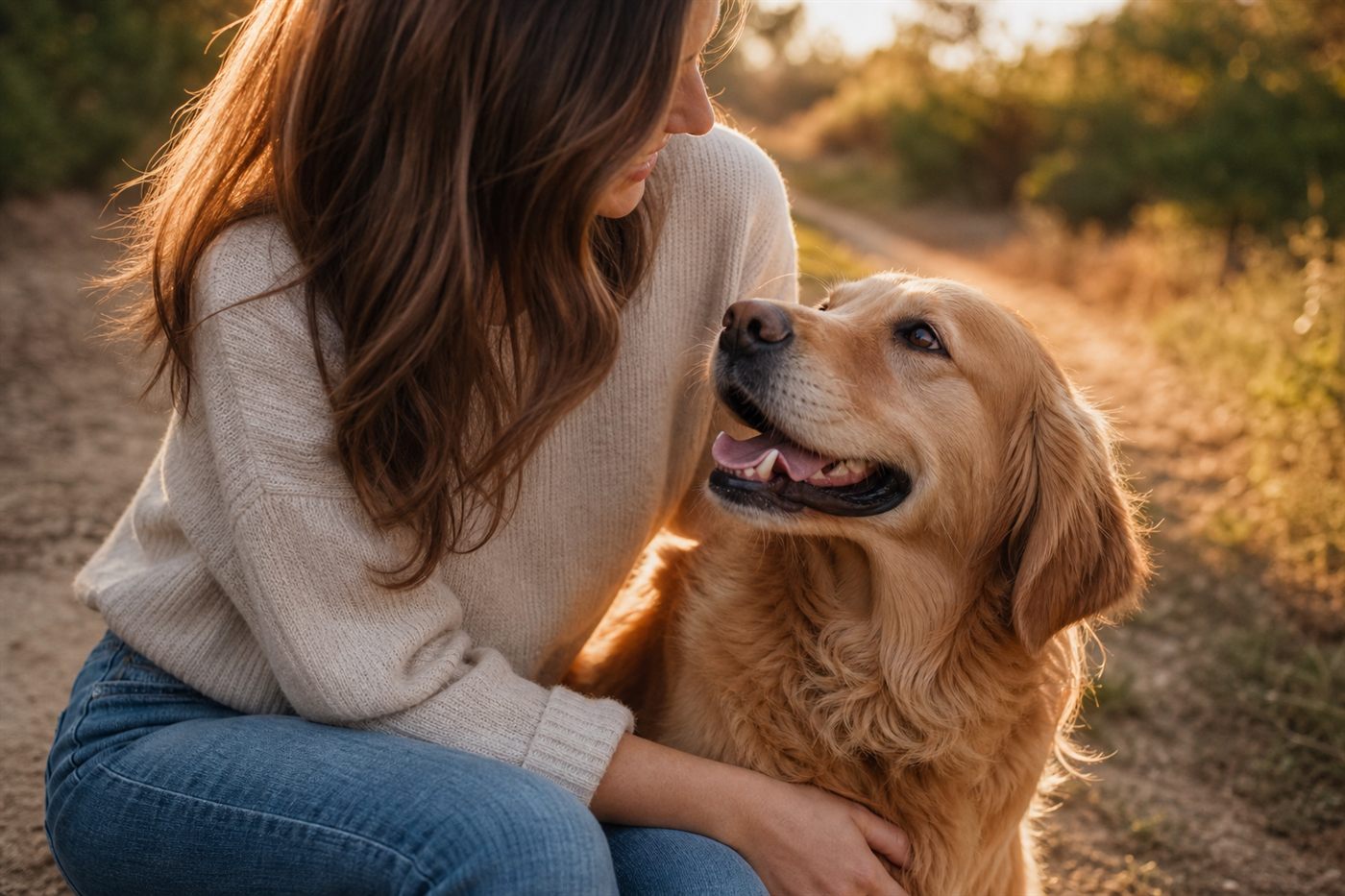 Dog and owner photographed together in warm natural light.